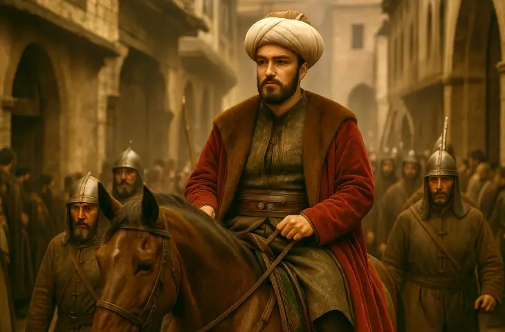 Fatih Sultan Mehmet’in İstanbul’a at üzerinde girişi; Osmanlı askerleriyle birlikte fethedilen şehrin sokaklarında ilerleyişi.